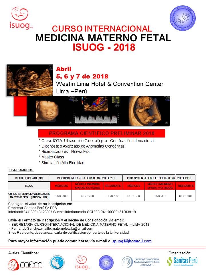 Afiche del Curso Internacional de Medicina Materno Fetal ISUOG 2018, del 5 al 7 de abril de 2018 en Lima