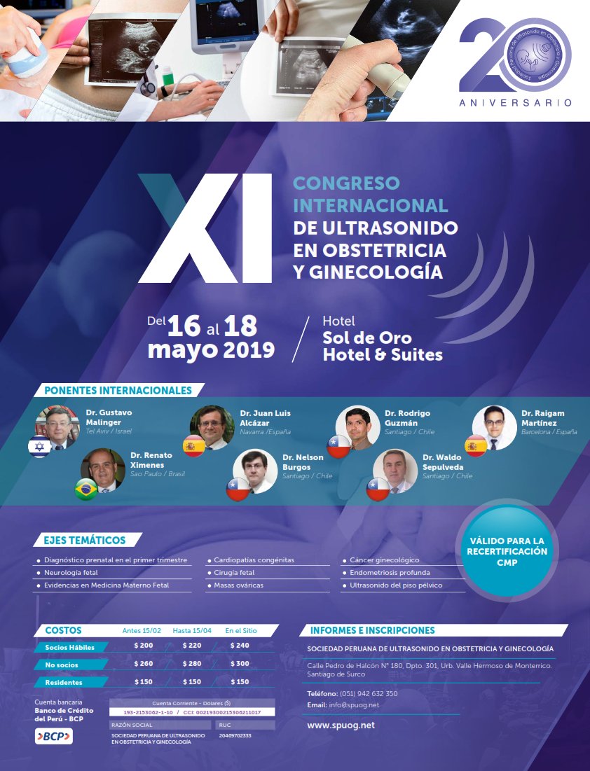 Afiche del XI Congreso Internacional de Ultrasonido en Obstetricia y Ginecología, del 16 al 18 de mayo de 2019