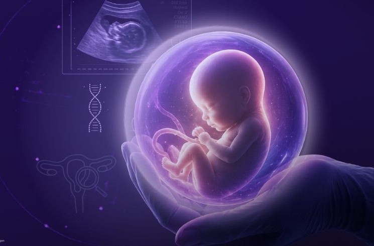 Ilustración de un feto en una esfera luminosa sostenida por una mano, junto a una imagen ecográfica